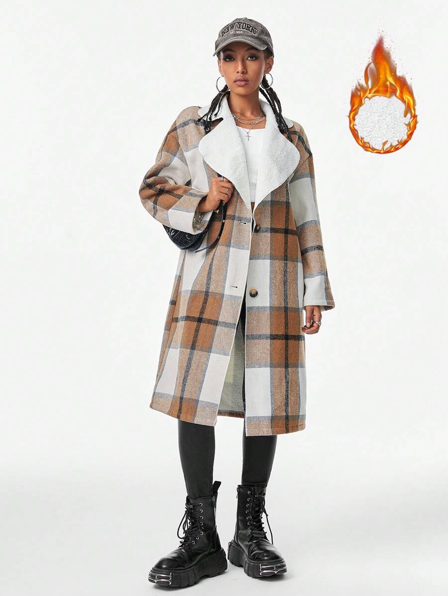 SHEIN EZwear Coolane Street Style Casual Y2k Plaid Print Button Front Coat Thermal Lined