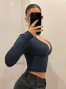 SHEIN ICON 修身款V領兩色斑點休閒長袖T卹 - 深灰色 - 查看 4