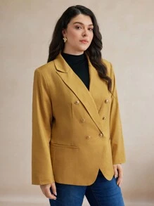 BizChic Plus Size Solid Color Double-Breasted Lapel Elegant Business Casual Suit Jacket - Yellow - View 5