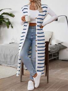 Franclia 大码女款条纹撞色长款开衫 - 彩色 - 查看 1