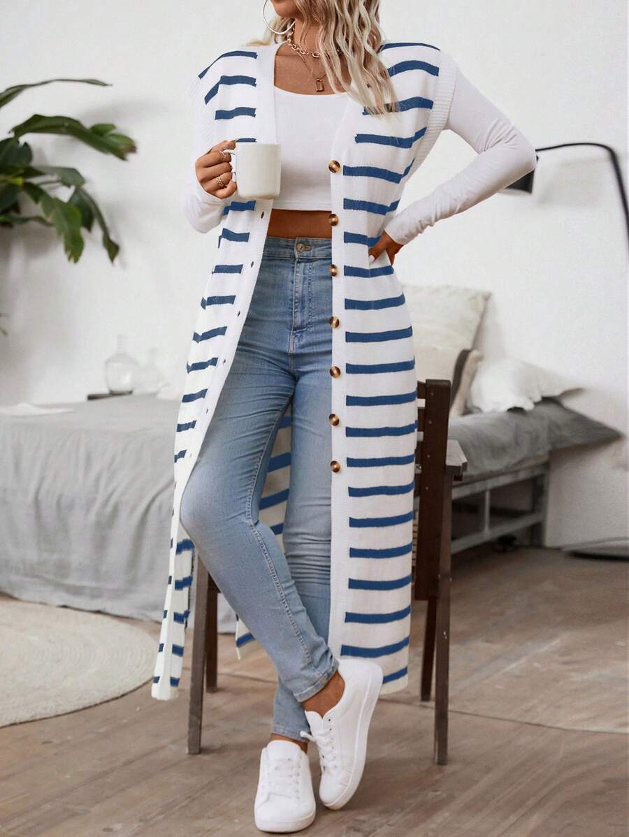 Franclia 大码女款条纹撞色长款开衫 - 彩色 - 查看 1