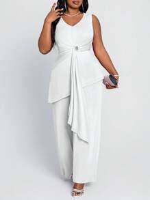 SHEIN Lady 大码水钻缀饰带扣褶皱上衣搭配长款阔腿裤两件套四季款