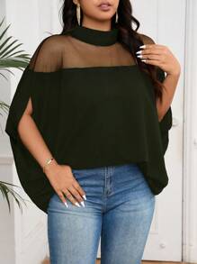 SHEIN Clasi 大码女式夏季纯色立领网眼撞色蝙蝠袖宽松优雅衬衫 - 軍綠色 - 查看 4