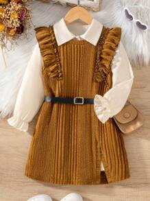 SHEIN 2pcs Young Girl Collared Long Sleeve Jacket And Ruffle Crew Neck Sleeveless Dress Set, Autumn/Winter - Apricot - View 1