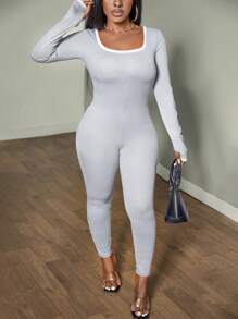 Zolique Women's Spring Summer Rounded Neck Long Sleeve Casual Jumpsuit - Light Grey - View 3