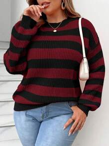 Nubod Suéter casual de cuello redondo, hombros caídos y manga larga con diseño de rayas para mujer de talla grande, para otoño/invierno - Burdeos - Ver 1