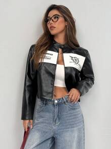 SHEIN EZwear Zipper Front Long Sleeve Solid Color Patchwork Casual PU Biker Jacket In Fall/Winter - Black and White - View 4