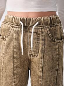 SHEIN Explorewe Tween Girls Y2K 时尚复古水洗效果 Mellard 彩色街头百搭休闲牛仔裤，适合所有季节 - 綠色 - 查看 5