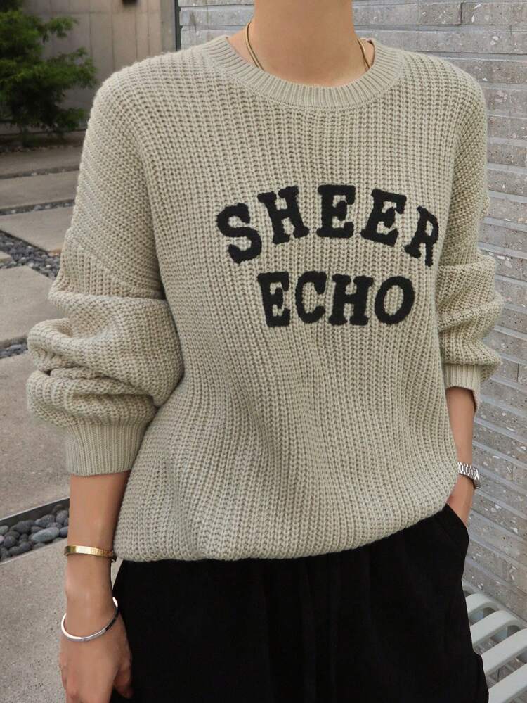 Loose Fit Crew Neck Long Sleeve Letter Print Sweater For Women,Fall Women Clothes