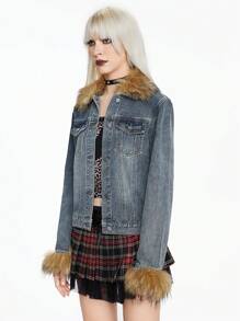 ROMWE Kawaii 女式复古 Y2K 风格豹纹蓬松领拼布牛仔夹克外套 - 藍色 - 查看 6