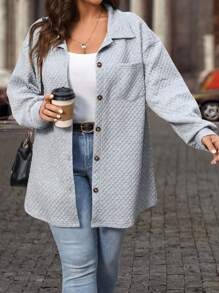 SHEIN LUNE Plus Drop Shoulder Pocket Patched Coat - Grey - View 3