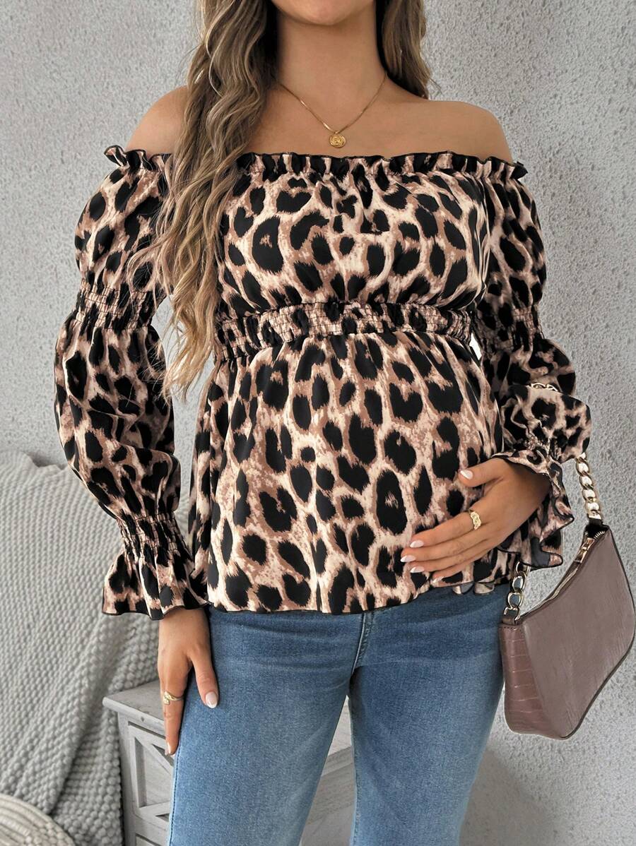 SHEIN 孕妇休闲豹纹露肩衬衫，春秋季，适合孕妇 - 棕色 - 查看 1