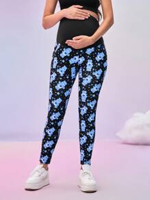 SHEIN 孕妇高腰可调节熊印花长款紧身裤 - 黑色 - 查看 4