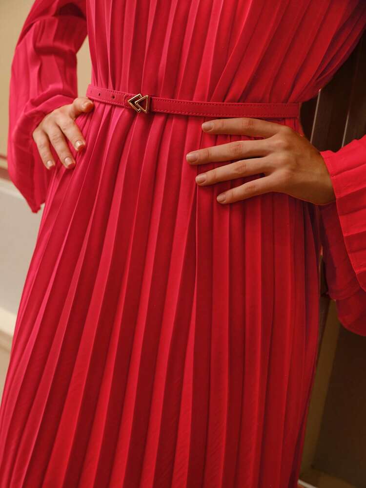 ZEYLAH SOLID FRILL MOCK NECK BELL SLEEVE PLEATED DRESS WITH BELT