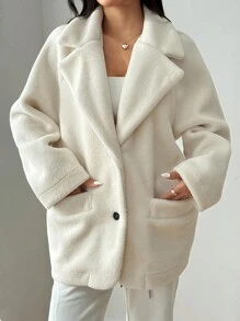 SHEIN Unity Collared Fleece Solid Color Casual Long Sleeve Jacket, Autumn/Winter Fall Cloth For Women - White - View 4