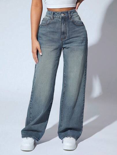 SHEIN PETITE Front Button Multiple Pockets Casual Denim Pants, Everyday
