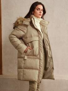 Anewsta Women's Long Khaki Coat With Detachable Fur Collar