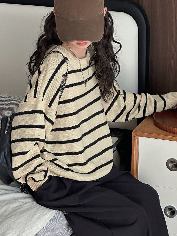 Round Neck Striped Knitted Sweater, Tween Girl, Fall, Back To School Clothes