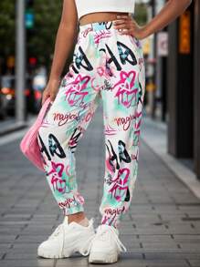 SHEIN SLAYR KIDS Tween Girls' Letter Print Knit Sports Sweatpants With Pockets - Multicolor - View 1