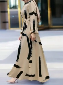 女士全印花翻领系腰长袖连衣裙，春季优雅款 - 彩色 - 查看 6