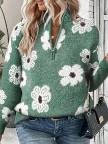 Plus Size Casual Zipper Printed Pullover Sweater For Women - Green - View 1