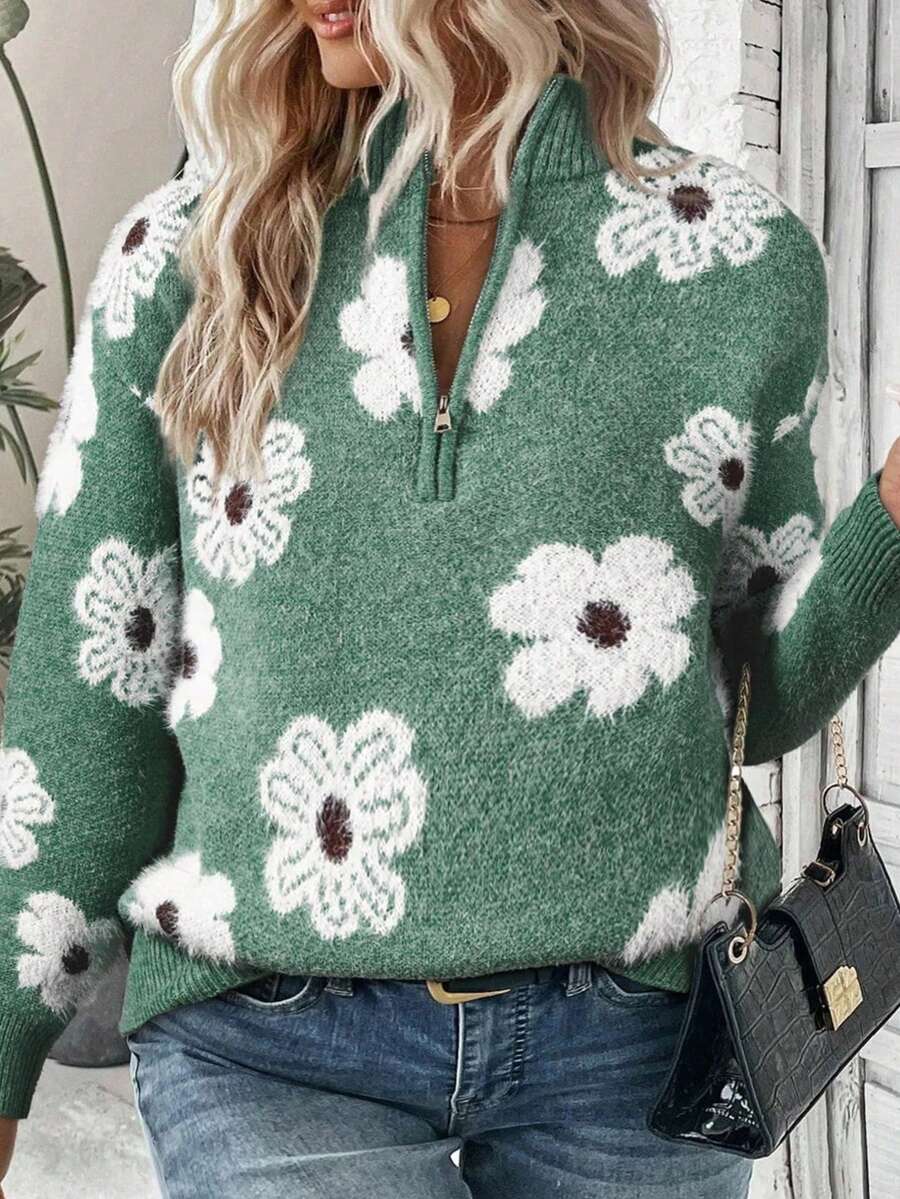 Plus Size Casual Zipper Printed Pullover Sweater For Women - Green - View 1