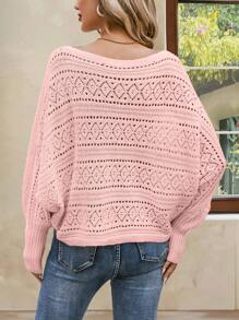 Women's Solid Color Asymmetrical Hollow Batwing Sleeve Loose Pullover Sweater, Autumn And Winter,Long Sleeve Tops, Knit Pullover Fall - Pink - View 3