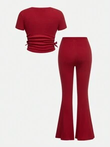 SHEIN Girlism 2 piezas Conjunto informal de niña preadolescente con camiseta de cuello redondo y pantalones de campana