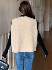 DAZY 女士纯色前扣无袖简约休闲夹克 - 米色 - 查看 3