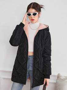 少女冬季拉链连帽长袖厚泰迪熊保暖衬里绗缝渐变色图案填充中长外套