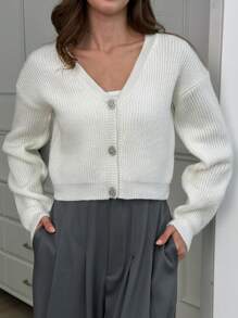 EURMUSE Casual Cute Crop Brushed Yarn Drop Shoulder Rib Knit Diamond Button Detailed Cardigan - White - View 4