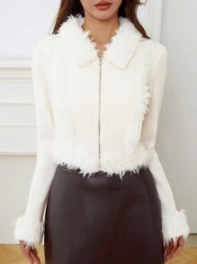 EastFlair Women Spring & Summer Plain Color Patchwork Fuzzy Collar Zip-Up Casual Jacket