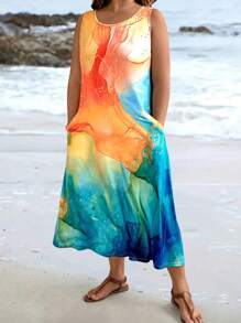 SHEIN LUNE Đầm thường ngày không tay cổ tròn cỡ lớn in hoa toàn thân - Nhiều màu - Xem 5