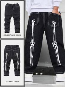 SHEIN Young Boy Fashion Casual Bone-Patterned Black Comfortable Baggy Jeans For Halloween Clothes And Halloween Party Favors - Black - View 1