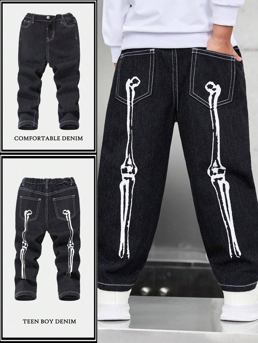 SHEIN Young Boy Fashion Casual Bone-Patterned Black Comfortable Baggy Jeans For Halloween Clothes And Halloween Party Favors - Black - View 1