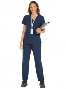 女性夏季純色V領護士制服套裝，包括T恤和褲子 - 藏蓝色 - 查看 5