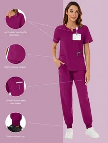 純色凹口V領短袖上衣和褲子護士制服套裝 - 中紫紅色 - 查看 6