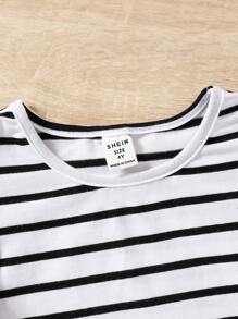 SHEIN Conjunto de 3 piezas con camiseta superior sólida y a rayas, cómodo y casual con volantes, para niña joven - Marrón - Ver 3