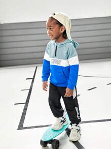 SHEIN Young Boy Patchwork Casual Sports Trousers, Moisture-Wicking, Letter Print, Contrast Color, For School, Street, Running, Basketball - Multicolor - View 5