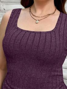 SHEIN LUNE 大码女式夏季纯色方领罗纹修身休闲背心派对亮片假日款 - 紫色 - 查看 6