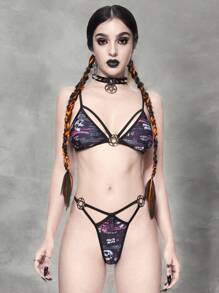 ROMWE Goth Floral Print Harness Triangle Cut Out Beach Bikini Set, Halloween - Multicolor - View 4