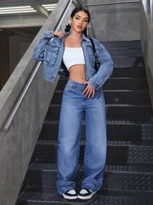 SHEIN EZwear Áo khoác denim giản dị tay dài thả vai mùa xuân/thu cho nữ - Rửa trung bình - Xem 3