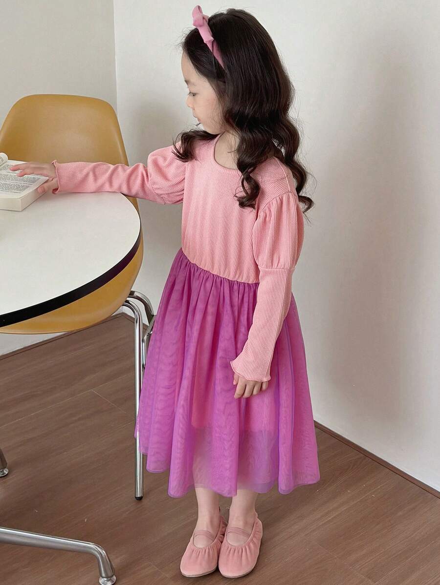 DAZY Đầm thường ngày lưới tương phản màu khối cho bé gái, xuân thu - Hồng - Xem 1