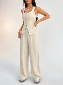 SHEIN PETITE 亚麻布西装背心两件套女时尚纯色纽扣撞色无袖上衣和裤子套装，面料舒适，透气柔软，适合通勤、日常度假穿着 - 卡其色 - 查看 6