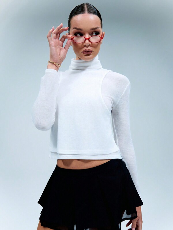 SHEIN Unity Camiseta de manga larga con cuello alto enrollado y capa