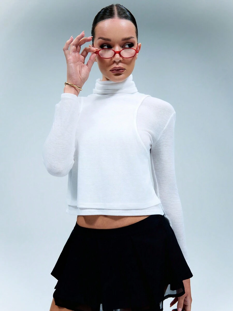 SHEIN Unity 分层高领长袖背心 - 白色 - 查看 1