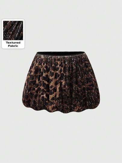 J-Fashion Minifalda burbuja de cintura baja con lentejuelas de leopardo estilo Y2K del milenio, sexy