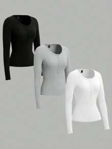 SHEIN EZwear 女士纯色前扣长袖休闲 T 恤 - 灰色 - 查看 3