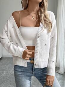 Chiquease 女式 V 领长袖 Dolman 开衫，带钻石装饰，针织毛衣夹克，适合秋冬季 - 白色 - 查看 1