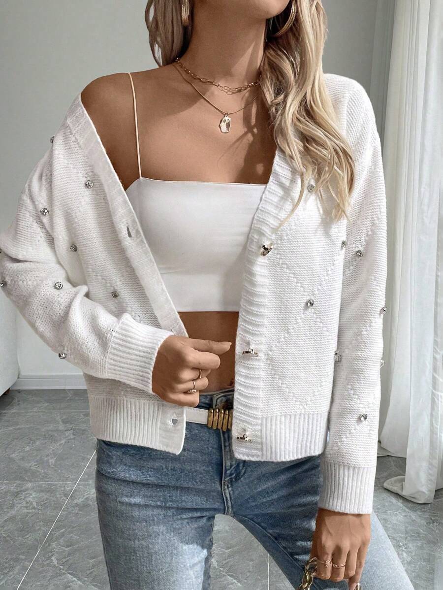 Chiquease 女式 V 领长袖 Dolman 开衫，带钻石装饰，针织毛衣夹克，适合秋冬季 - 白色 - 查看 1
